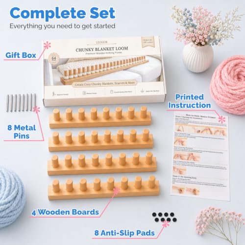 LEOGOR 64-Inch Chunky Blanket Loom Kit – Expandable Wooden Hand Knitting Board for Jumbo Yarn, Modular Frame with Pegs for Beginners, Scarves & Throws - size: 64inch