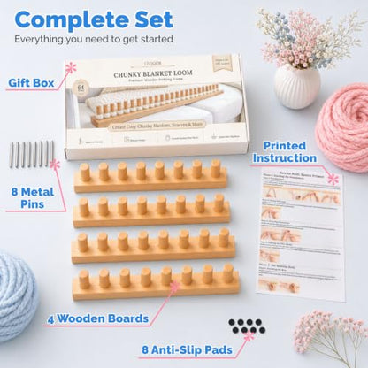 LEOGOR 64-Inch Chunky Blanket Loom Kit – Expandable Wooden Hand Knitting Board for Jumbo Yarn, Modular Frame with Pegs for Beginners, Scarves & Throws - size: 64inch