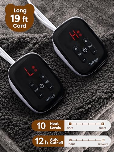 Bearhug Electric Blanket Queen Size with Dual Controls, 10 Heat Levels & 1-12H Auto Shut-Off, Fast Heating Soft Velvet to Sherpa Heated Blanket for Couples, Machine Washable, Gray - color: Gray-velvet & Sherpa, size: Queen Size 84" × 90"
