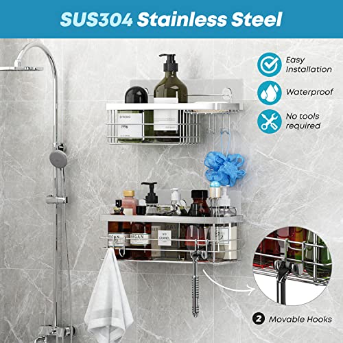 KESOL Shower Caddy and Soap Dish Holder with Hooks, Rust Resistant, 2 Pack | Shower Shelf Organizer, No Drilling Adhesive Wall Mounted Bathroom Shelf, Stainless Steel, Silver