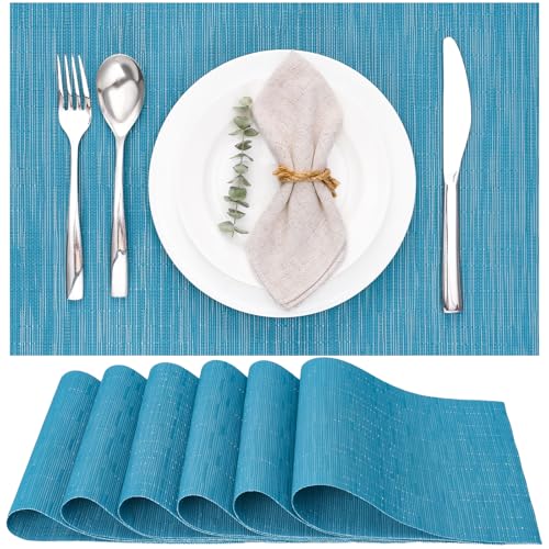 Myir JUN Placemats Set of 6 Kitchen and Dining Table Placemats | Vinyl Placemats Place Mats Indoor/Outdoor Set of 6 Washable Table Mats Non-Slip Place mats for Dining Table, Blue - color: Blue, size: Set of 6