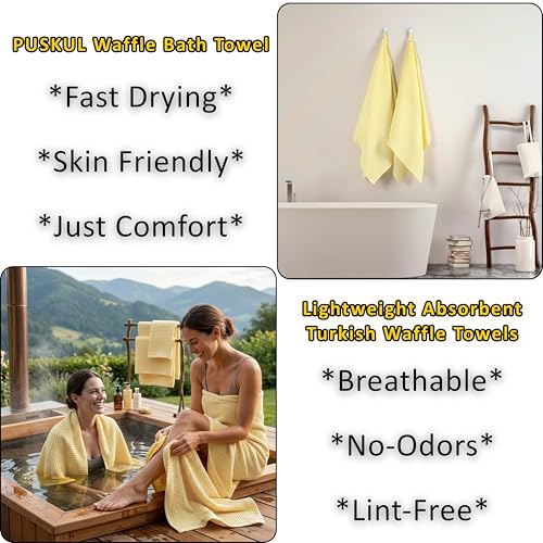 PÜSKÜL 2-Piece Natural 100% Turkish Cotton Waffle Bath Towels Extra-Large | Light Yellow, 32x63" Bath Sheet Towel, Soft Absorbent Quick-Dry Lint-Free Premium 3D Honeycomb Weave Oeko-Tex Made in Turkiye - color: Light Yellow