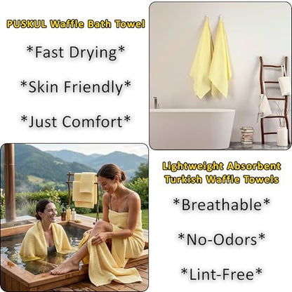 PÜSKÜL 2-Piece Natural 100% Turkish Cotton Waffle Bath Towels Extra-Large | Light Yellow, 32x63" Bath Sheet Towel, Soft Absorbent Quick-Dry Lint-Free Premium 3D Honeycomb Weave Oeko-Tex Made in Turkiye - color: Light Yellow