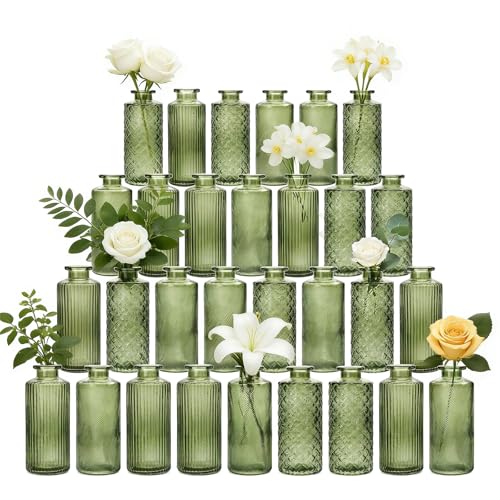 Glass Bud Vases 30 Pack, Small Green Flower Vases for Centerpieces in Bulk | Mini Vintage Vases for Wedding, Party, Home or Table Decorations - color: Green