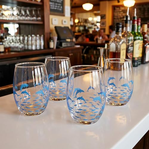 Hand Blown Etched Stemless Wine Glasses 19oz, Set of 4, Everyday Drinking Glasses, Large capacity, Unique Gifts for Him Her for Birthday, Wedding, Anniversary - color: Clear With Marine dolphins & fishes