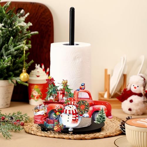 Christmas Paper Towel Holder Red Truck Countertop Kitchen Decor and Accessories Black Metal Farmhouse Large Tissue Stand Gifts for Christmas Party, 3D Hand Painting Pattern, Weighted Base - style: Christmas Truck