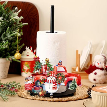 Christmas Paper Towel Holder Red Truck Countertop Kitchen Decor and Accessories Black Metal Farmhouse Large Tissue Stand Gifts for Christmas Party, 3D Hand Painting Pattern, Weighted Base - style: Christmas Truck
