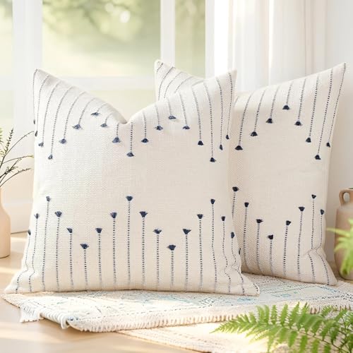 Boho Throw Pillow Covers 20x20 Set of 2,Navy Blue | Decorative Cushion Covers with Hidden Zipper ,Soft Cotton , Resistant, Washable, Outdoor - color: Navy Blue, size: 20" x 20" (Pack of 2)