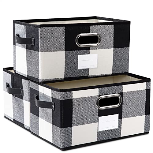 Fodable Storage Bins for Closet [3-pack] Decorative Fabric Storage Baskets Cubes with Leather/Metal Handles for Shelves Bedroom Living Room Black and White Grid (11.5x8.5x6.7 Inch) - color: Black And Whint Grid, size: Medium(3-Pack)
