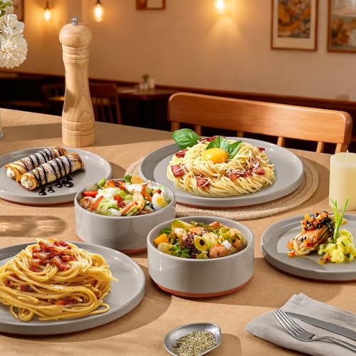 LIANYU Plates and Bowls Sets, 24 Pieces Stoneware Dinnerware Set for 8 | Modern Kitchen Dinner Set Ceramic Dishware Dishes Set, Microwave and Dishwasher Safe, Terra Brown - color: Terra Brown