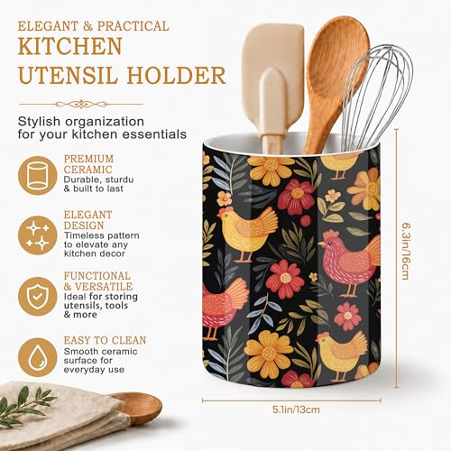 Rooster Hen Kitchen Utensil Holder,Flower Ceramic Utensil Crock for Countertop,Cooking Tools Storage jar for Spatulas and Spoons,Housewarming Gifts 6.3" - color: Rooster Hen Flower