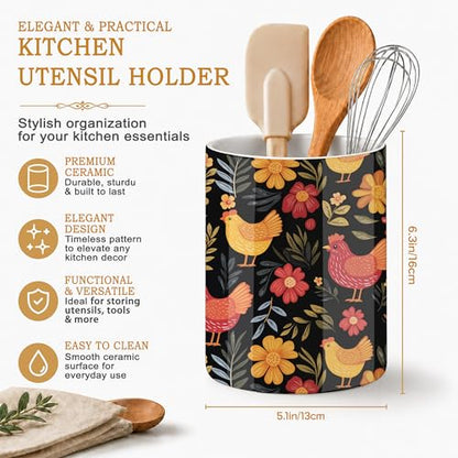 Rooster Hen Kitchen Utensil Holder,Flower Ceramic Utensil Crock for Countertop,Cooking Tools Storage jar for Spatulas and Spoons,Housewarming Gifts 6.3" - color: Rooster Hen Flower