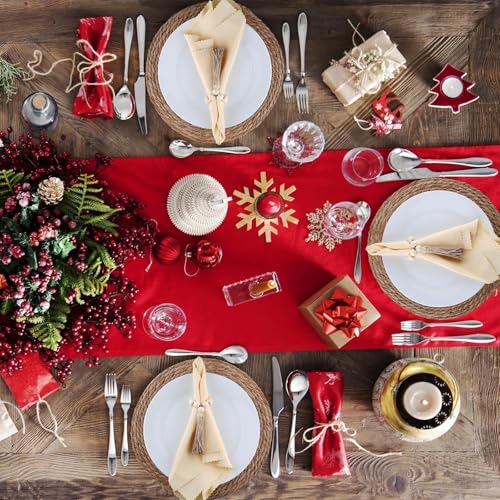 Boho Woven Placemats Set of 6 with Wooden Napkin Rings, 13" Natural Water Hyacinth Table Mats Charger Plates for Christmas Decorations, Thanksgiving, Rustic Dining & Home Decor