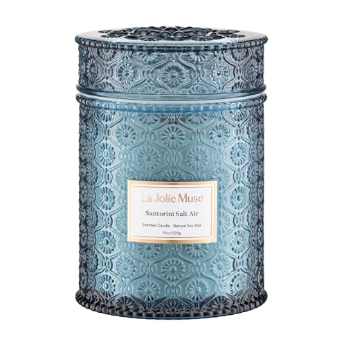 LA JOLIE MUSE Santorini Salt Air Scented Candles for Home, 19 oz Soy Wax | Large Jar Luxury Candle, Clean Natural Non-Toxic, Fresh Summer Ocean Blue Candle, Gifts for Women & Men, Wood Wick, Bergamot - color: Santorini Salt Air, size: 19 oz