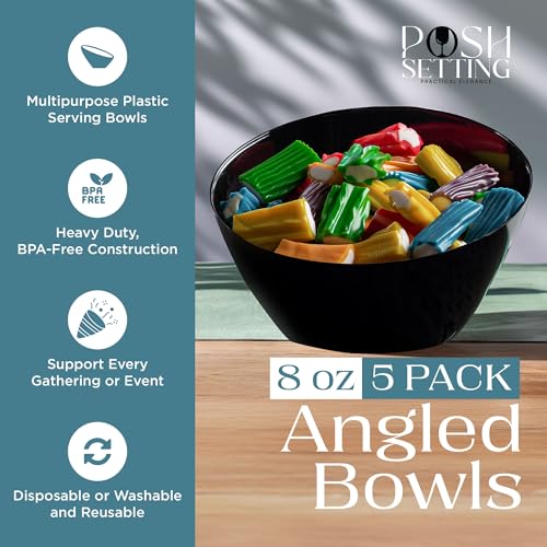 5 Pack Black Angled Plastic Serving Bowl Disposable for Party Table 8oz | Angled Bowl Design. Chip, Candy, Salad & Fruit Use. Disposable Party Tableware. Buffet & Wedding Serving. Black Plastic. - color: Black, size: Small 8 OZ