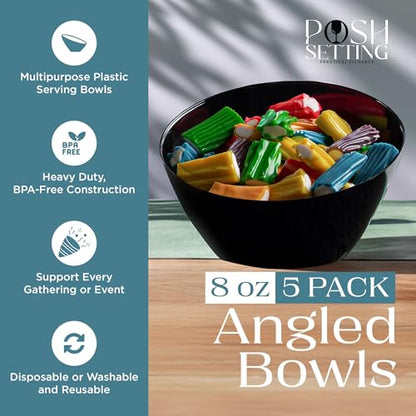 5 Pack Black Angled Plastic Serving Bowl Disposable for Party Table 8oz | Angled Bowl Design. Chip, Candy, Salad & Fruit Use. Disposable Party Tableware. Buffet & Wedding Serving. Black Plastic. - color: Black, size: Small 8 OZ