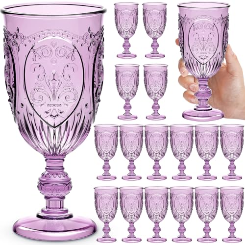 Wiwiqing 18 Pack Plastic Goblets 10oz Upgrade Vintage Water Goblet Plastic Wine Glasses Colored Retro Embossed Glassware for Party Wine Bar Juice Baby Shower Wedding Reception Grand (Purple) - color: Purple