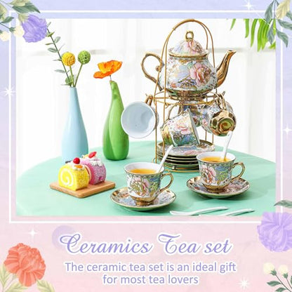 Zhehao 20 Pcs Porcelain Tea Set with Metal Holder and Spoon Adult Ceramic Tea Set European Flower Painting Teapot Cup Saucer Spoon for Women Mom Gift, Large Version (Rustic Style) - color: Rustic Style