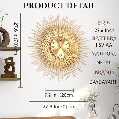 Large Mid Century Gold Wall Clock Decorative Modern Sunburst Wall Clocks, Metal Big Silent Non-Ticking Clock, Luxury Home Gift Decor for Living Room, Bedroom, Dining Room, 28 inch - size: 4.Gold-Wheat(Dismountable-70cm)
