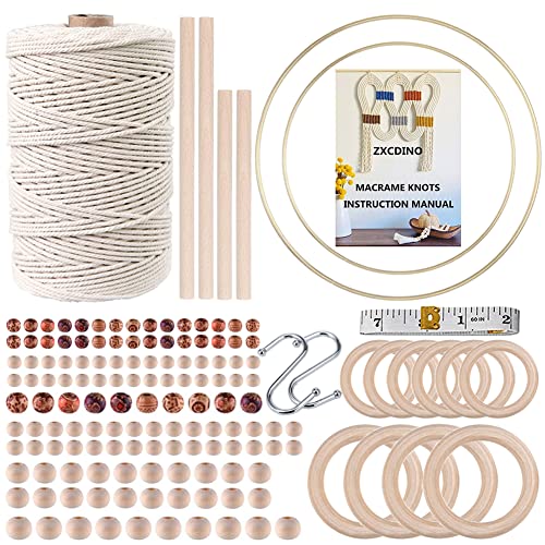 152pcs Macrame Kit for Beginners: Natural Cotton Macrame Cord, Wooden & Metal Rings, Beads, Sticks & Hoops - Perfect for Macrame Plant Hangers & Home Decor - size: 3mm x 220yards set-152pcs