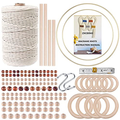 152pcs Macrame Kit for Beginners: Natural Cotton Macrame Cord, Wooden & Metal Rings, Beads, Sticks & Hoops - Perfect for Macrame Plant Hangers & Home Decor - size: 3mm x 220yards set-152pcs