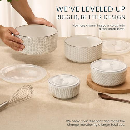 KooK Serving Bowls, with Lids, Ceramic Nesting Bowls, Set of 4, Embossed, Kitchen, Prep, Stackable, Gift, Microwave and Dishwasher Safe, 16/29/47/70 oz, Narbonne Collection (Ivory) - size: 70 Oz