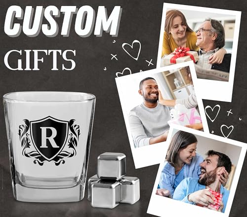 Whisky Gifts for Men, Personalized Initial Whiskey Glass with Whiskey Stones for Dad, Boyfriend, Best Friends, Coworkers, Husband, Brother, Uncle and Boss on Father's Day, Boss Day and Birthday - R - color: R