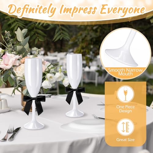 Zopeal Plastic Reusable Champagne Flute Glasses 6 oz and 50 Pcs Bow Set Acrylic Wedding Toasting Goblet 3.5" Bow Unbreakable Wine Cup for Bachelorette Bridal Shower Party(White and Black) - color: White/Black