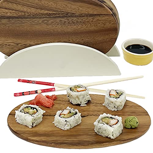 Woodard & Charles 6 Acacia Wood Serving Boards w/White Stand, 7 Piece Set | 9.5" x 6.5" Wood Serving Boards on a Stand; Serve Sushi, Cheese, Charcuterie, Appetizers and Small Bites for Any Party - color: White, size: 7 Piece Set
