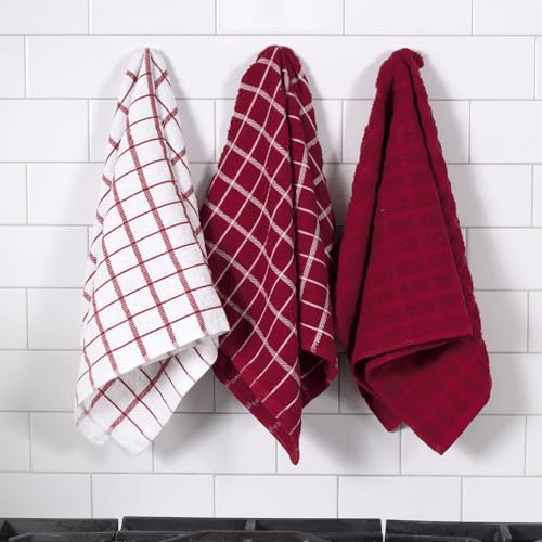 Ritz Premium 100% Cotton Terry Check Kitchen Dish Towels - Highly Absorbent, Super Soft, Long-Lasting, 25"x15", 3-Pack, Paprika Red - color: Paprika Red, size: 3-Pack - Kitchen Towel