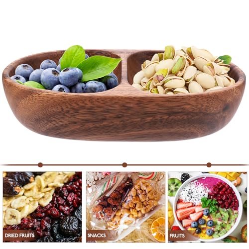 FUOYLOO Divided wood snack and fruit serving bowl, double compartment candy plate, salad bowl container, versatile wooden appetizer tray