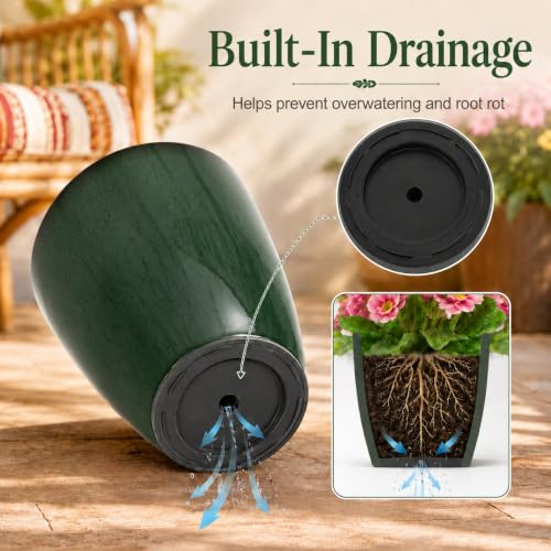 Neoaider Set of 3 Tall Planter, 24/21/12in Large Plastic Planter, DarkGreen | Ceramic-Look, Lightweight, Built-in Drain Hole, Saucers, Tall Outdoor Planter for Porch, Garden, Patio, Balcony - color: Dark Green