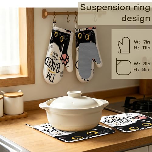 Funny Baker Black Cat Oven Mitts and Pot Holders Sets of 4 PCS, I’M Baked Too Oven Gloves Potholder for Kitchen Cooking Baking BBQ Heat Resistant - color: Funny Baker Black Cat