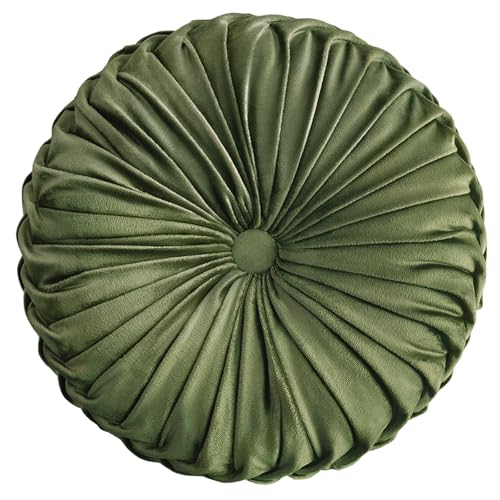 Teieas Round Throw Pillow Velvet Home Decoration Pleated Round Pillow Olive | Round velvet decor throw pillow,soft boho circle pillow cushion,for couch,chair,bed,car,sofa,home decorative - color: Olive