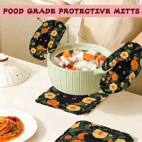 Black Cat Flowers Heat-Resistant Silicone Oven Mitts and Pot Holder 4 Piece Set,Non-Slip Kitchen Oven Gloves for Baking, BBQ, Cooking,Grilling - color: Black Cat Flowers