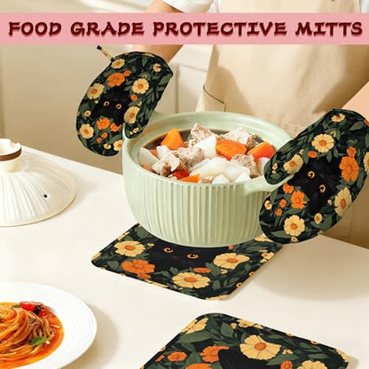 Black Cat Flowers Heat-Resistant Silicone Oven Mitts and Pot Holder 4 Piece Set,Non-Slip Kitchen Oven Gloves for Baking, BBQ, Cooking,Grilling - color: Black Cat Flowers