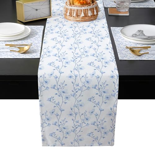 Table Runner and Placemats Set of 6 Blue Floral Decorative Dining Table Runner with Matching Placemats Flower Tree Branch Table Decor for Kitchen Dining Room and Everyday Use 13x90in - size: 13"x90"+6pcs