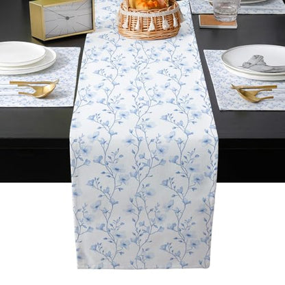 Table Runner and Placemats Set of 6 Blue Floral Decorative Dining Table Runner with Matching Placemats Flower Tree Branch Table Decor for Kitchen Dining Room and Everyday Use 13x70in - size: 13"x70"+6pcs
