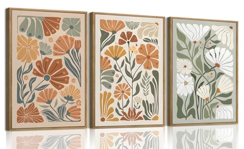 KISSFOX Framed Canvas Wall Art Abstract Floral Botanical Print Set of 3 Green Beige Wildflower Flower Market Paintings Boho Modern Minimalist Pictures Decor Bedroom Bathroom Living Room - color: Green Beige, size: 12x16 In Natural Framed