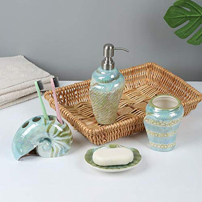 Ocean Conch Sea Shell Ceramic Bathroom Accessories Set of 4,1 Gargle Cups 1 Toothbrush Holders 1 Soap Dishes 1 Soap Dispenser (Green) - color: Green