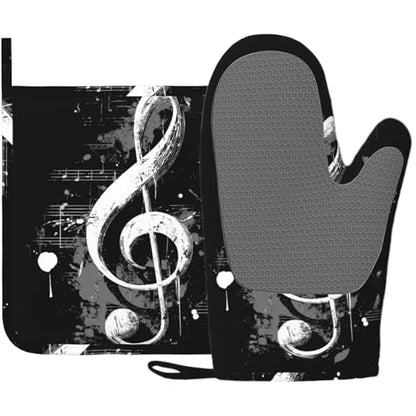 Black Notes Oven Mitts and Pot Holders Sets Non-Slip Silicone Surface for BBQ Gloves,Kitchen,Cooking,Baking,Grilling,BBQ - color: Black Notes