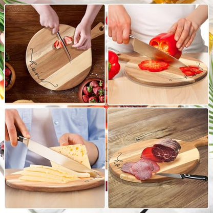 Patelai Cutting Board Gift Housewarming Cutting Board with Spoon Fork and Ribbon Charcuterie Boards Wooden Serving Tray for Cheese Fruit Bread Salad Vegetables Snack Dessert - style: round