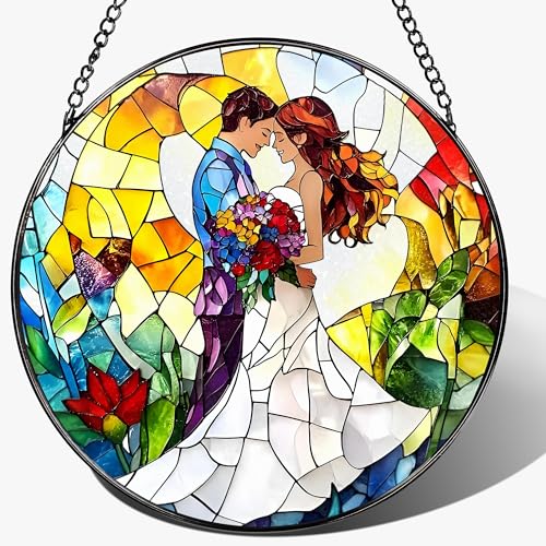 8'' Romantic Couple Wedding Sun Catcher Ornament, Stained Glass Window Hanging, Suncatchers for Windows Hanging Ornaments, Window Decor | Ideal Gift, Wedding Gift, Gifts for Couple & Newlywed - color: Romantic Couple