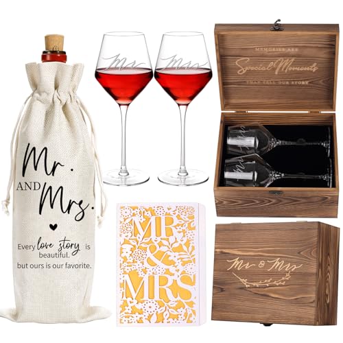 2026 Mr & Mrs Wine Glasses Gift Set with Memory Box,Wine Bag, Greeting Card – Engagement, Wedding & Newlywed Gifts for Couples, Just Engaged Gifts for Women - style: Mr & Mrs + Box + Bag & Card