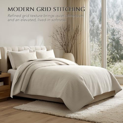 100% Cotton Modern Grid Stitch Quilt Set, King Size, Birch | Pre-Washed Cotton Coverlet Bedspread, Oversized Lightweight 3-Piece Bedding Set for All Season, with 2 Pillow Shams - color: Birch, size: King (110" X 94")