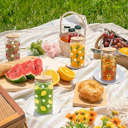Cute Glass Cup Set of 4, 16 oz Iced Coffee Cups with Bamboo Lids Straws and Brush, Cherry Lemon Cactus Sunflower Floral Design, Gift for Women Girls Friend Bridesmaid Birthday Wedding