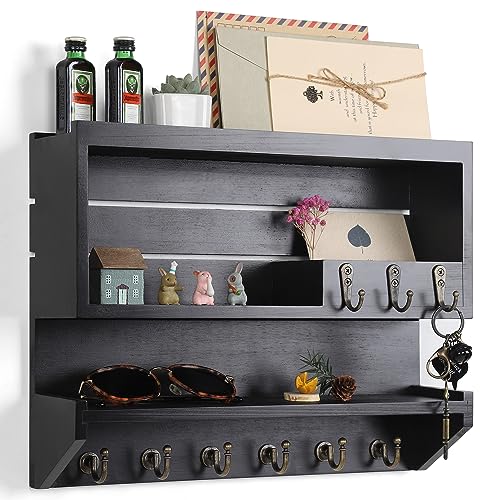 Innovation Premium Pine Wood Key Holder for Wall - Handcrafted Mail Organizer & Wall Mount Key Holder with 9 Sturdy Hooks, Finely Sanded & Hand-Sprayed Entryway Decor, Black