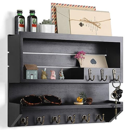 Innovation Premium Pine Wood Key Holder for Wall - Handcrafted Mail Organizer & Wall Mount Key Holder with 9 Sturdy Hooks, Finely Sanded & Hand-Sprayed Entryway Decor, Black