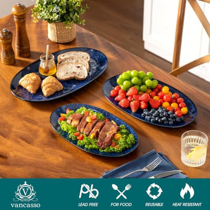 vancasso Ceramic Serving Platters Set of 3, Oval 16/14.7/13.5 Inch Stoneware Serving Dishes for Entertaining, Microwave Safe Serving Trays for Food, Turkey, Cheese, Party, Reactive Glaze Navy Blue - color: Navy Blue