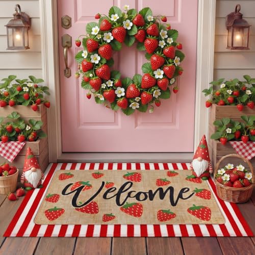 Tinideya 2 Pcs Strawberry Door Mat Set, Outdoor Welcome Front Mat | 2-piece Layered Door Mat Set with a Cute Red Strawberry Design, Ideal for Porch, Entryway, Kitchen and Outdoor Decor - size: 16 x 28 Inch,24 x 35 Inch, style: Strawberry